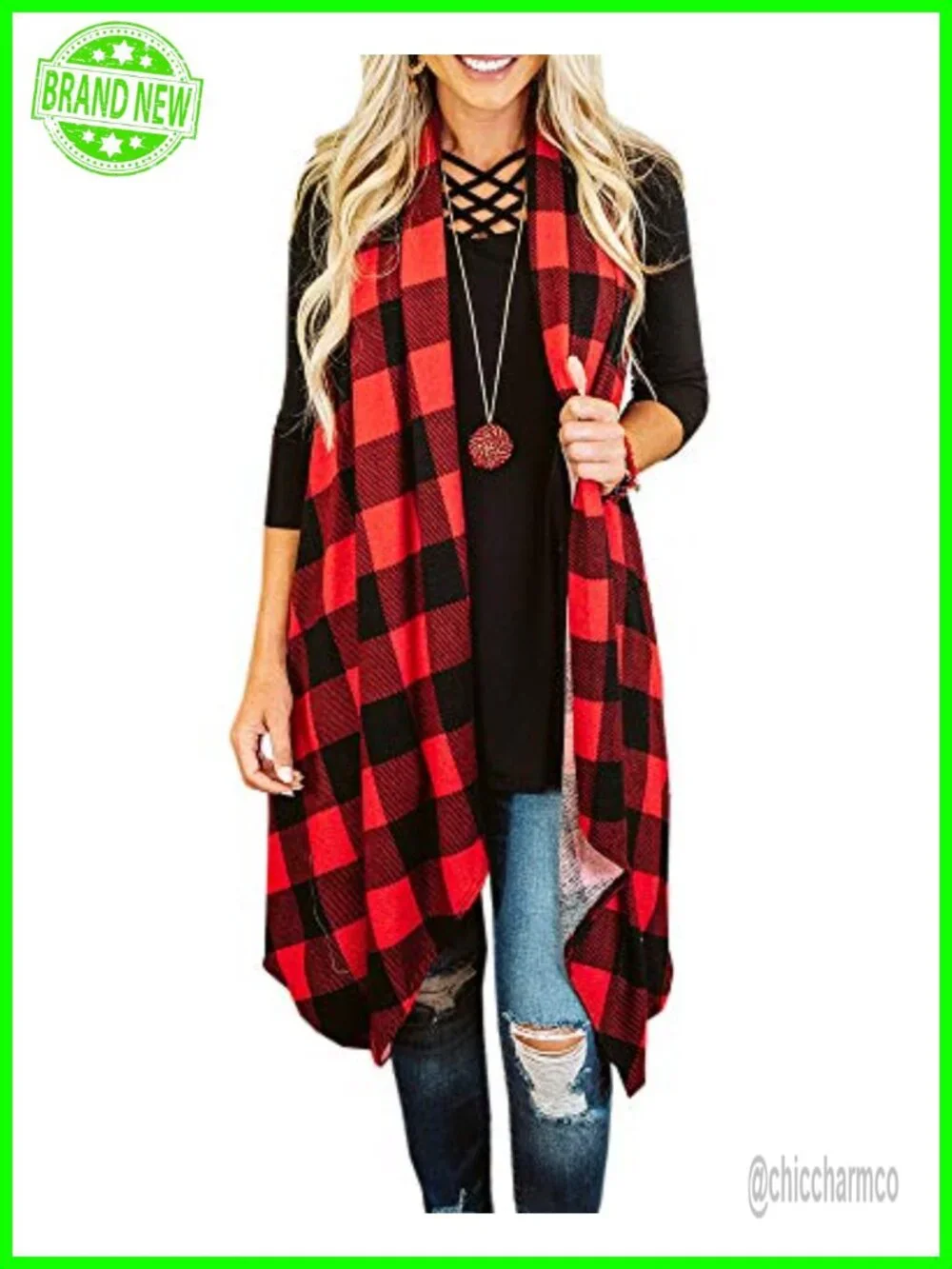 Sleeveless Duster Cardigan Plaid Open Front Vest Coat with Pockets Lightweight